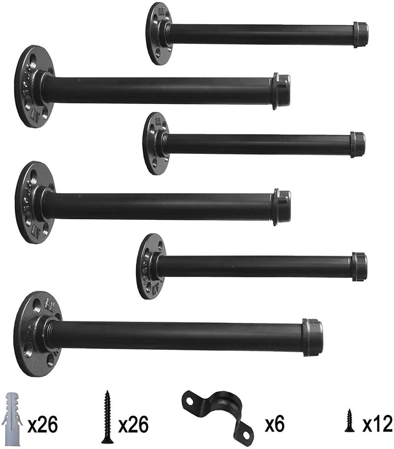 MY RUSTIC Industrial Black Iron Pipe Shelf Brackets â€“12 Inch Set of 6, Heavy Duty Rustic Floating Shelf Bracket, Clothing Rack, Coated Finish, Hardware Included - Image 2